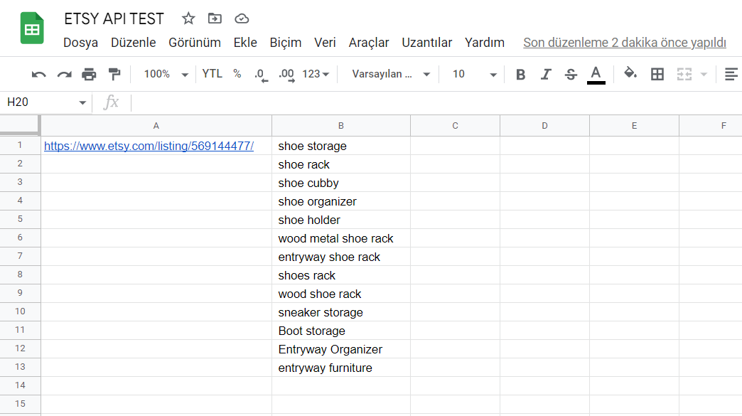 Google Sheets Etsy Listing Keyword